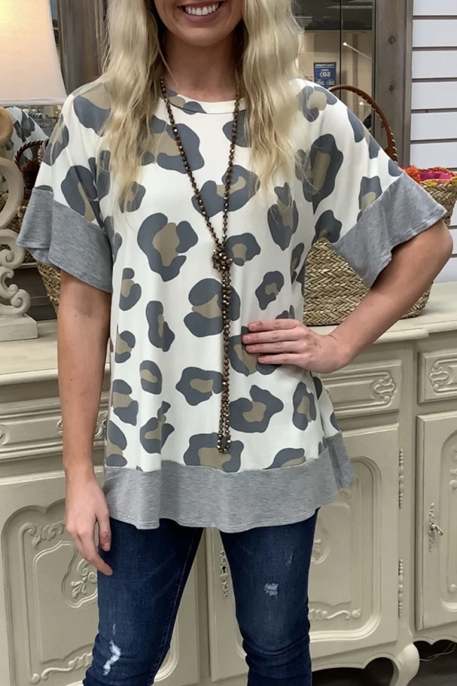 Casual Leopard Patchwork O Neck T-Shirts(3 colors)
