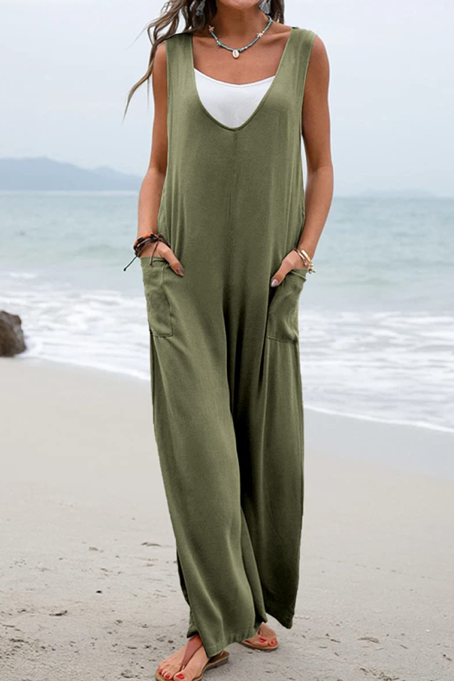 Casual Solid Patchwork U Neck Straight Jumpsuits