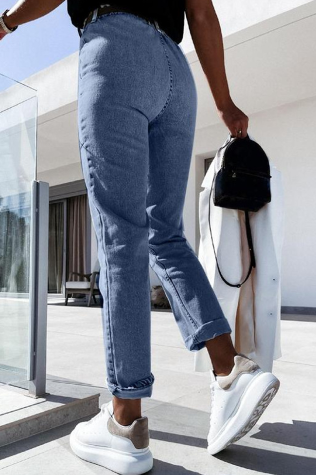 Casual Solid Split Joint Mid Waist Straight Denim Jeans