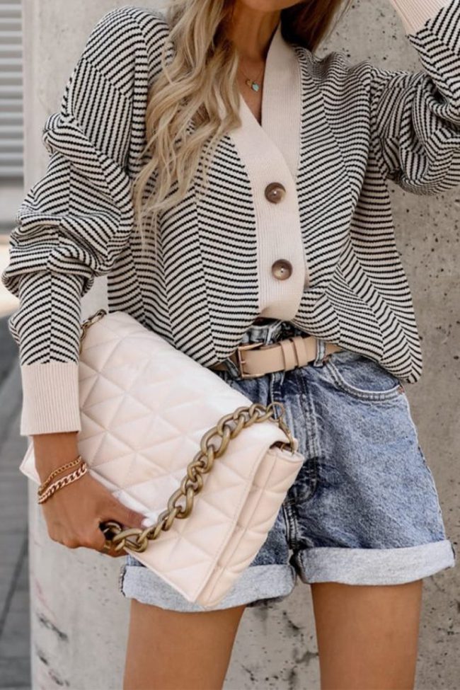 Casual Striped Patchwork Buttons V Neck Sweaters