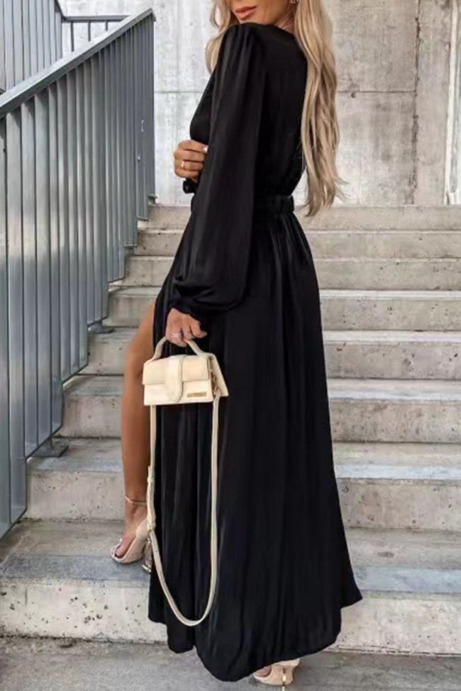 Elegant Frenulum With Belt V Neck Long Sleeve Dresses(3 Colors)