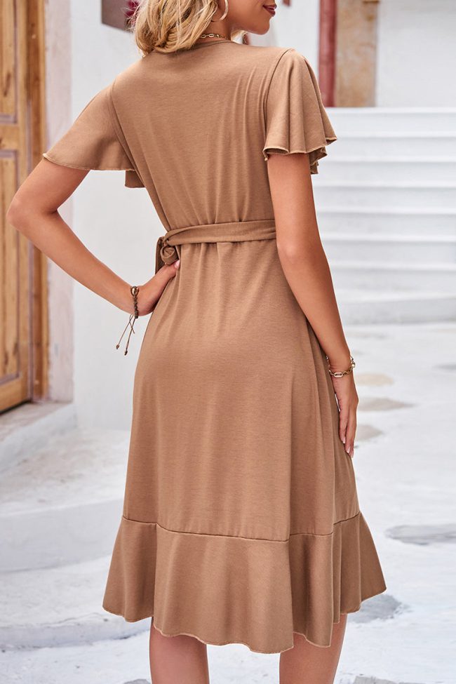 Elegant Simplicity Solid Frenulum Asymmetrical V Neck Irregular Dress Dresses