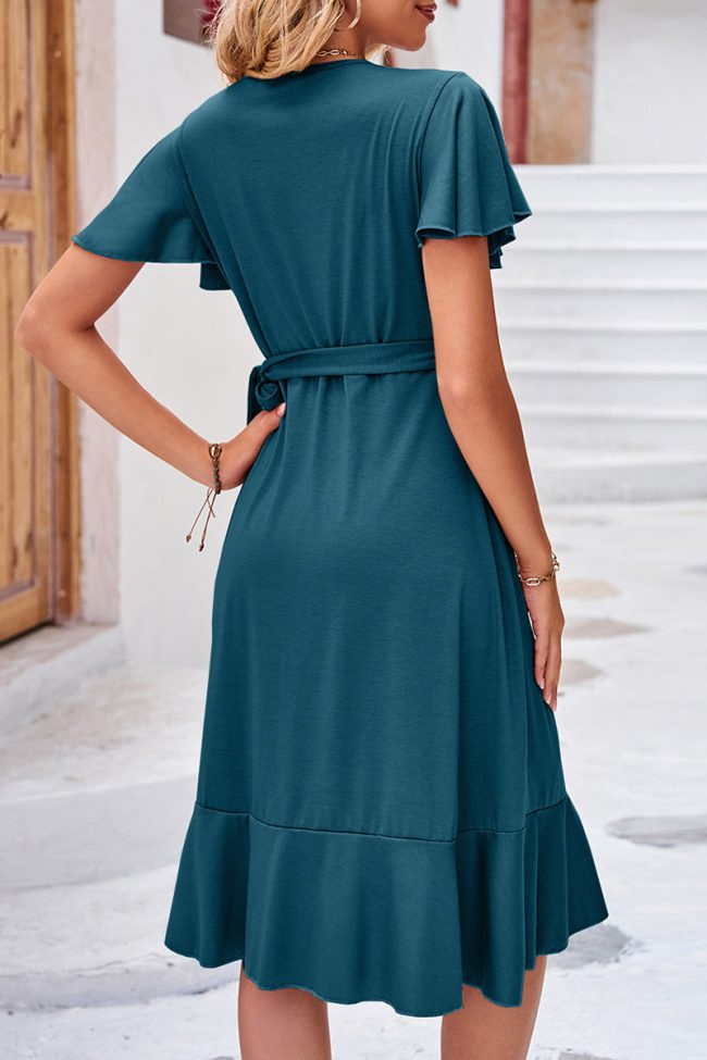Elegant Simplicity Solid Frenulum Asymmetrical V Neck Irregular Dress Dresses