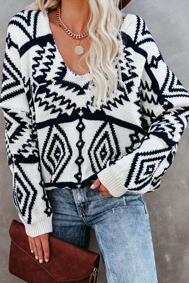 Fashion Casual Geometric V Neck Sweaters