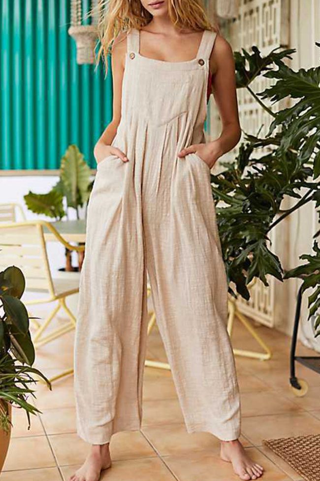 Fashion Casual Solid Without Belt Spaghetti Strap Loose Jumpsuits(3 colors)