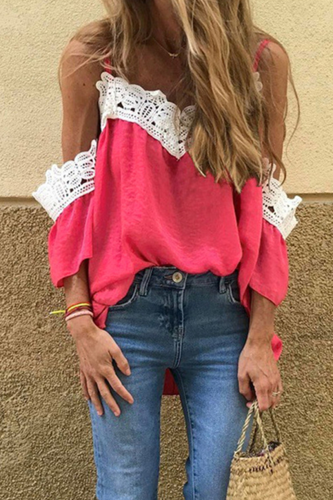 Fashion Elegant Patchwork Lace Contrast V Neck T-Shirts(4 Colors)