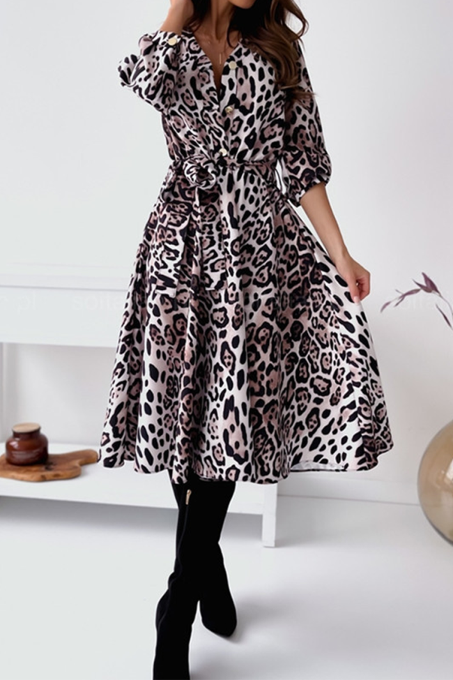 Fashion Leopard Split Joint V Neck Irregular Dress Dresses