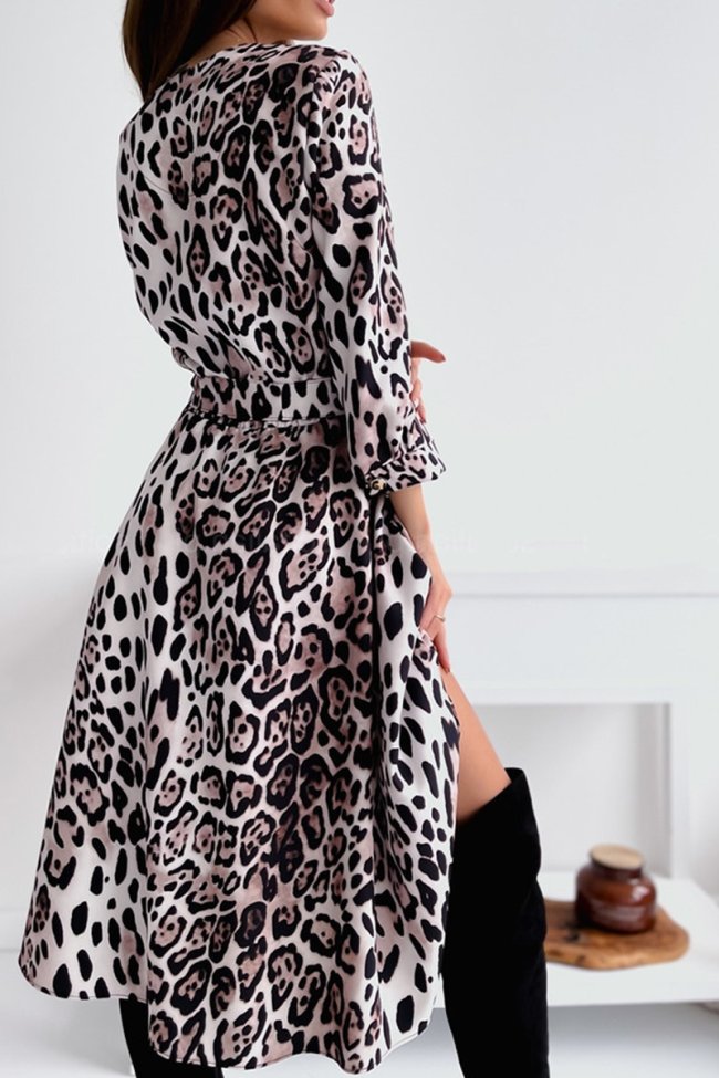 Fashion Leopard Split Joint V Neck Irregular Dress Dresses