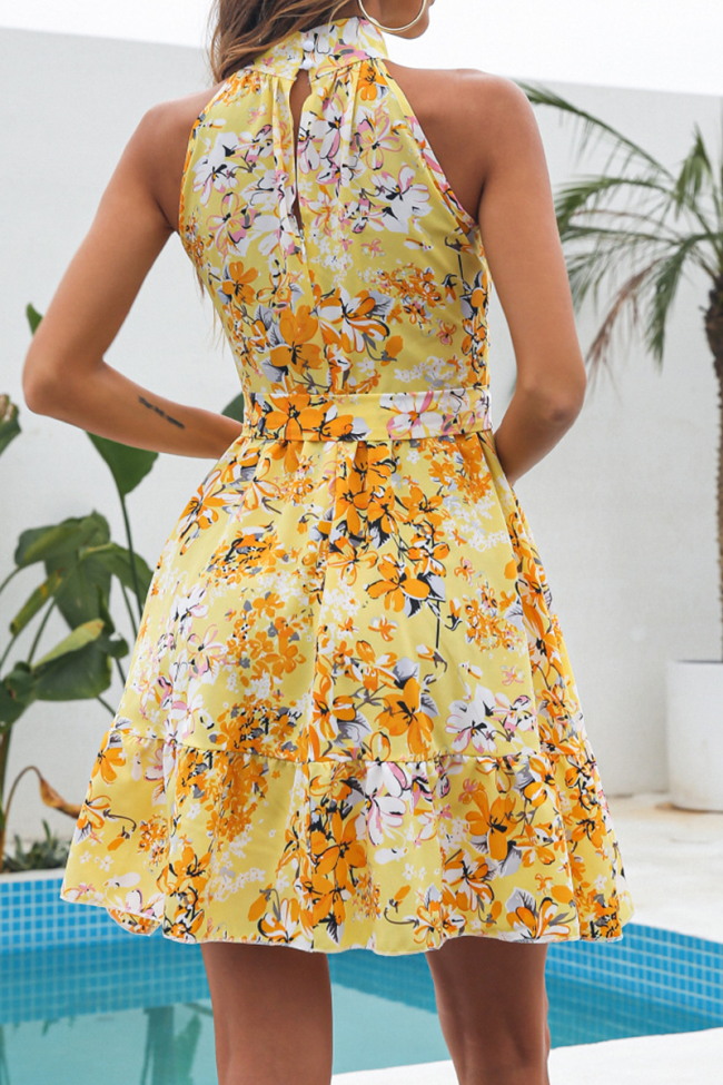 Fashion Print Patchwork Halter Cake Skirt Dresses(3 colors)