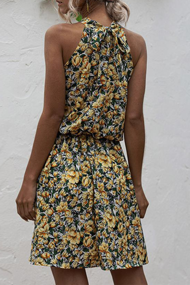 Fashion Print Patchwork Halter Waist Skirt Dresses