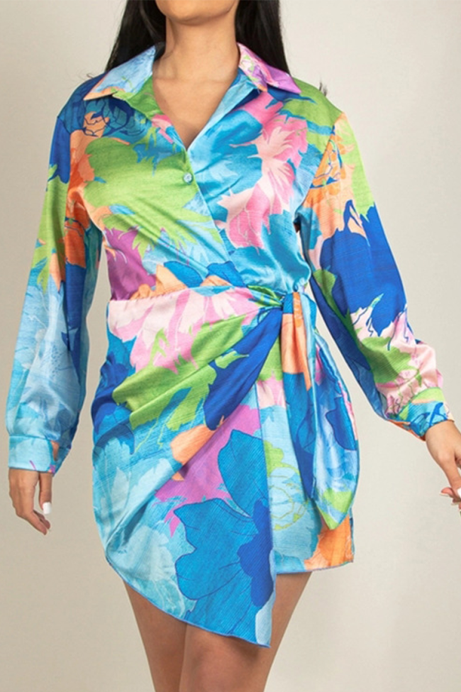 Fashion Print Split Joint Turndown Collar Waist Skirt Dresses(5 colors)