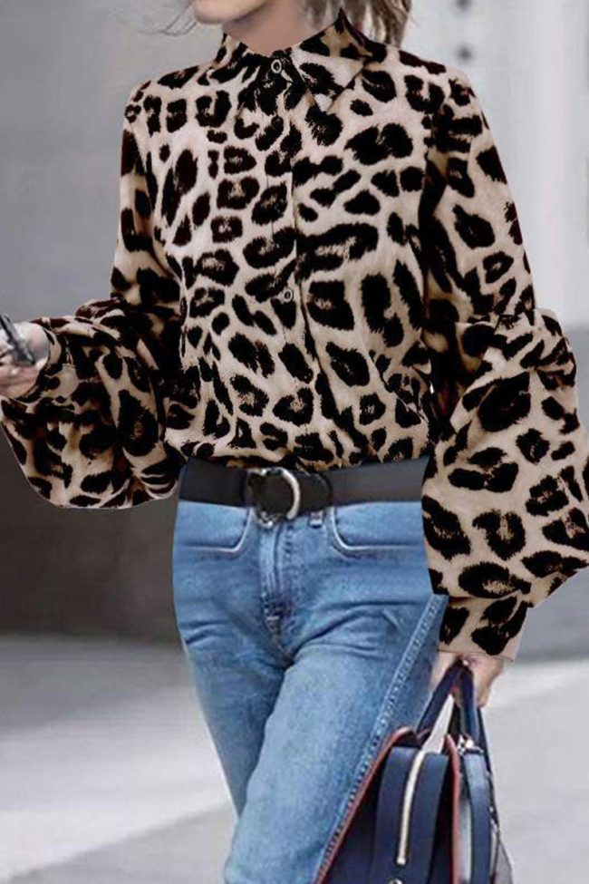 Fashion Street Leopard Turndown Collar Tops