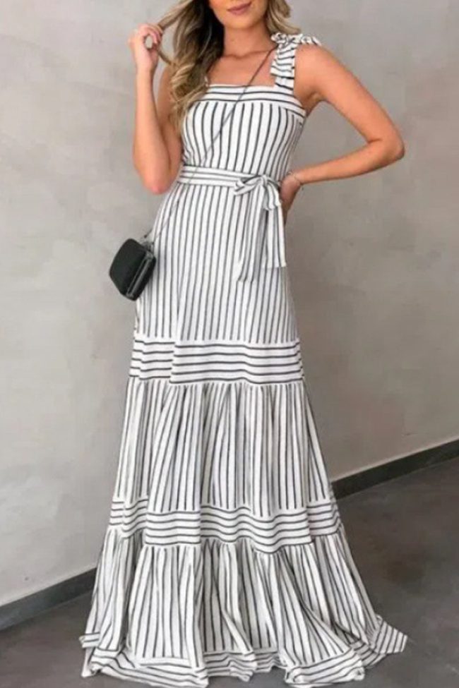 Sexy Casual Striped Bandage Patchwork Spaghetti Strap Pleated Dresses