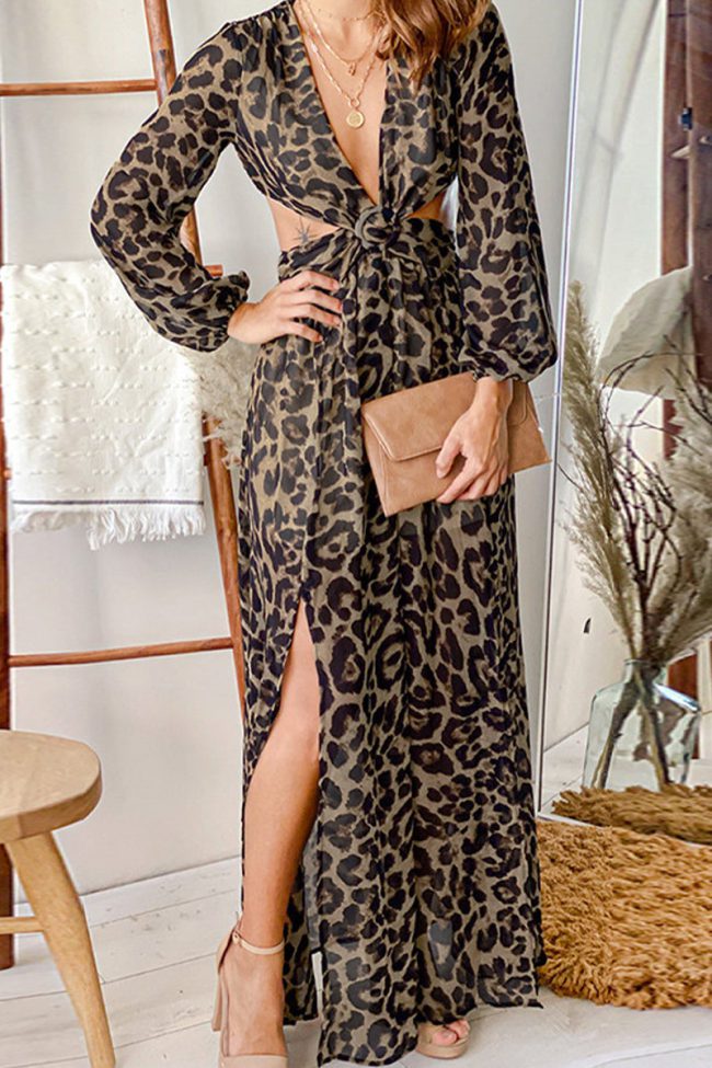 Sexy Leopard Hollowed Out Slit V Neck Printed Dress Dresses