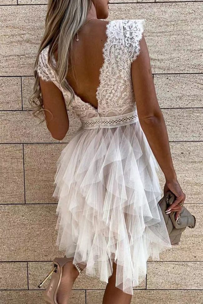 Sweet Elegant Solid Mesh V Neck Irregular Dress Dresses