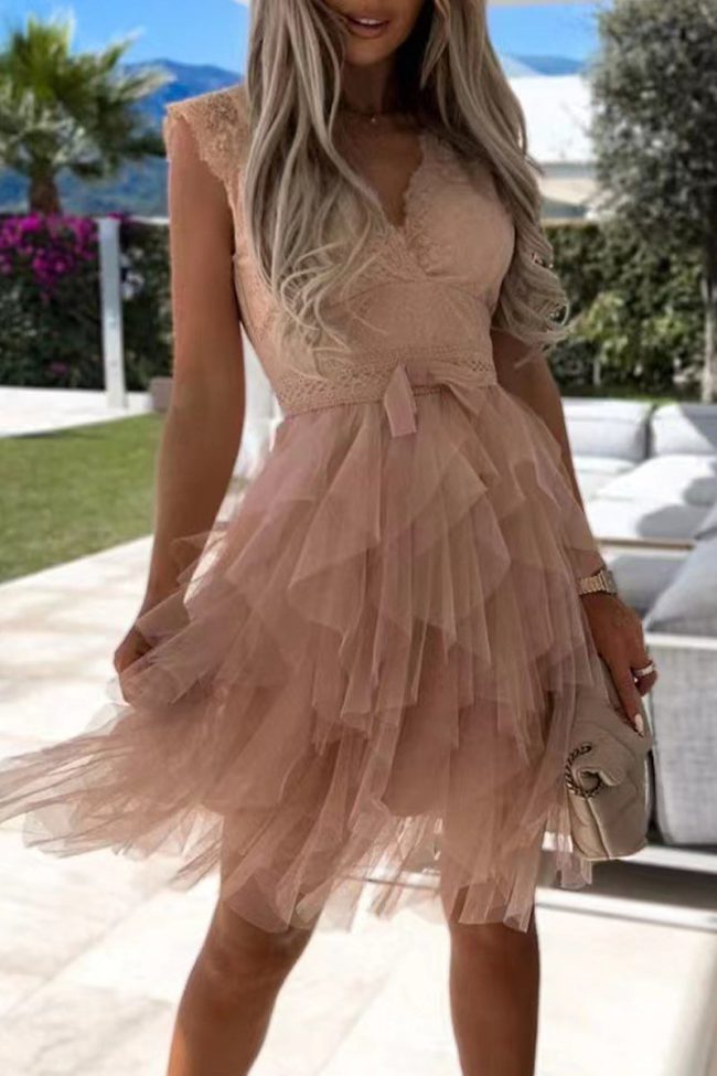 Sweet Elegant Solid Mesh V Neck Irregular Dress Dresses