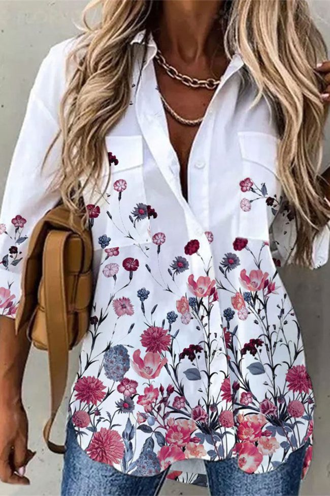 Casual Floral Patchwork Buckle Turndown Collar Tops