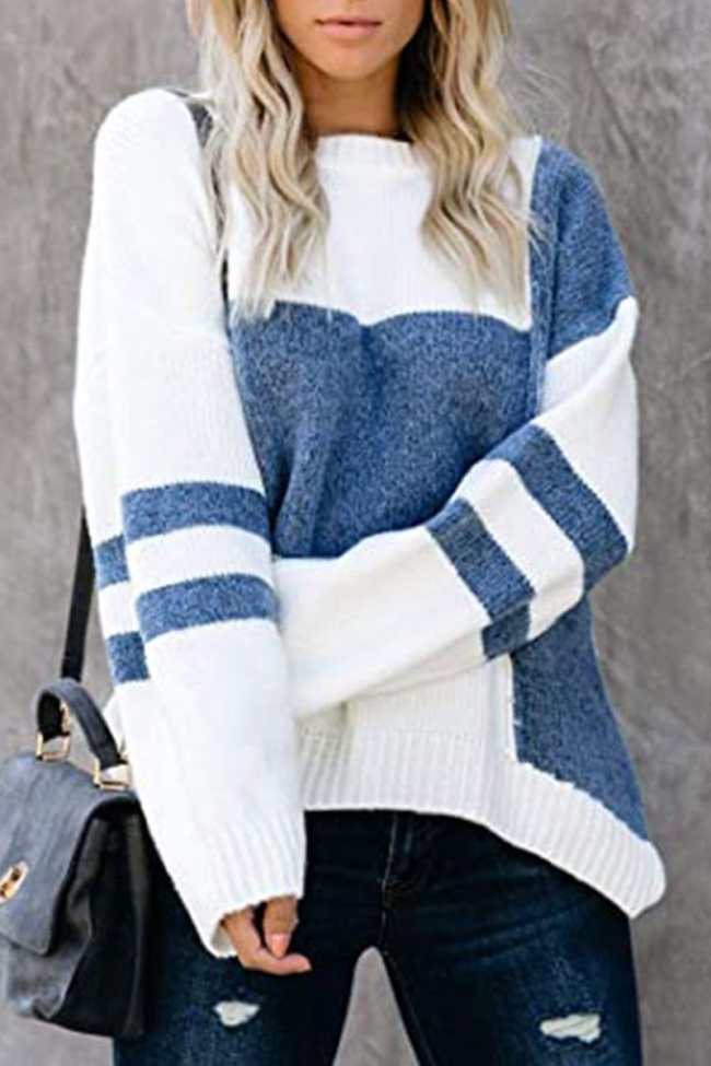 Casual Patchwork Contrast O Neck Tops Sweater(5 Colors)