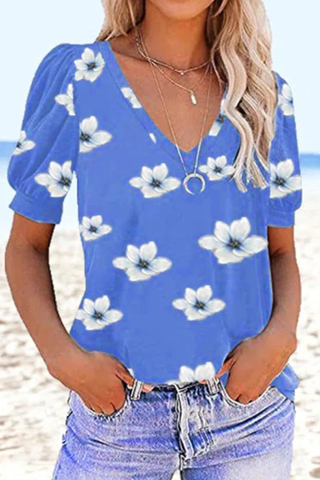 Casual Print Patchwork V Neck T-Shirts(3 colors)