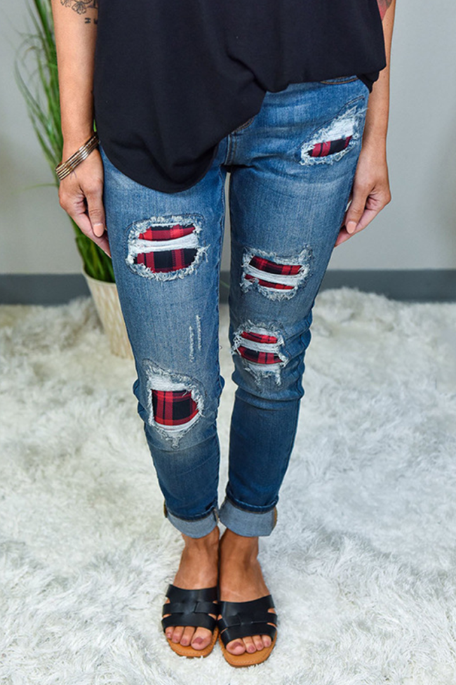 Casual Print Ripped Mid Waist Skinny Denim Jeans