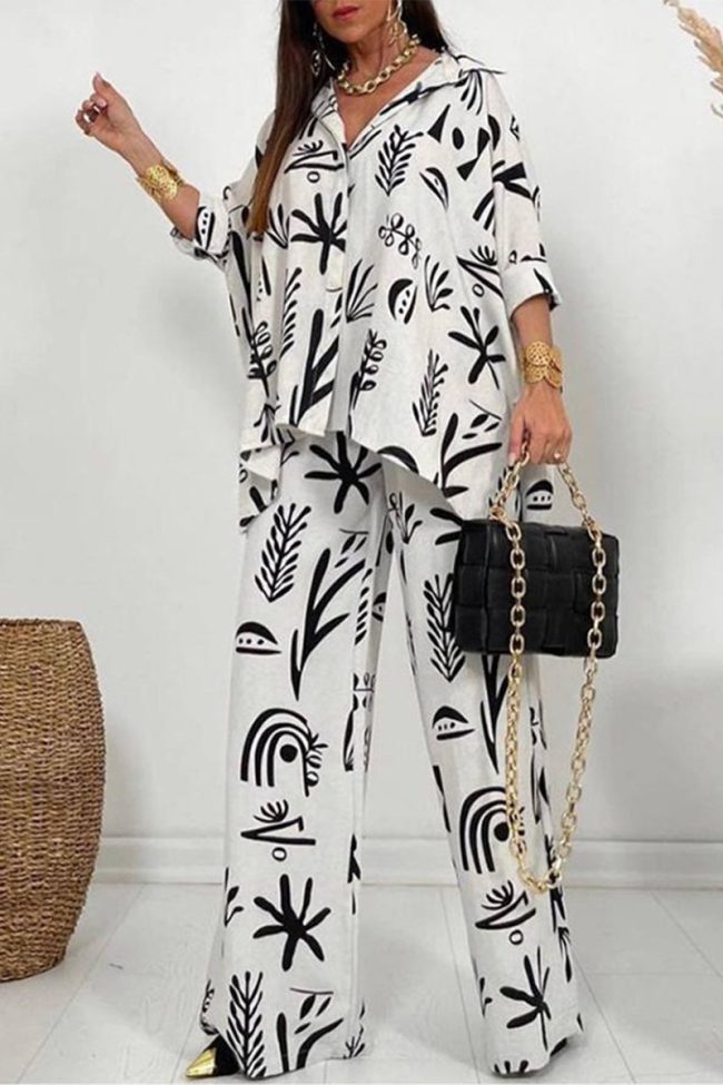 Casual Print Solid Printing Turndown Collar Three Quarter Two Pieces