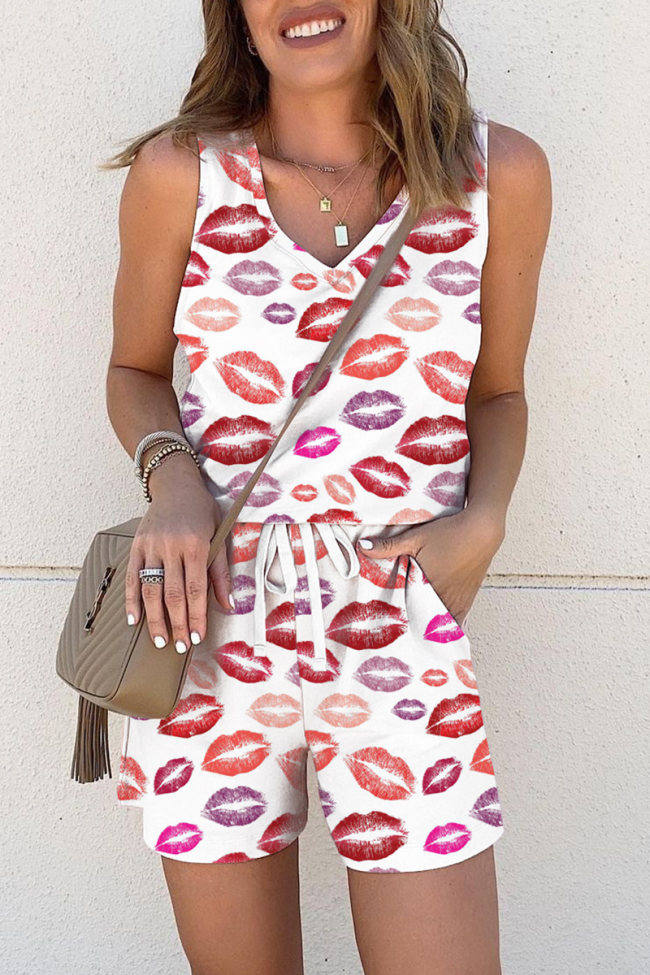 Casual Print Split Joint V Neck Sleeveless Two Pieces