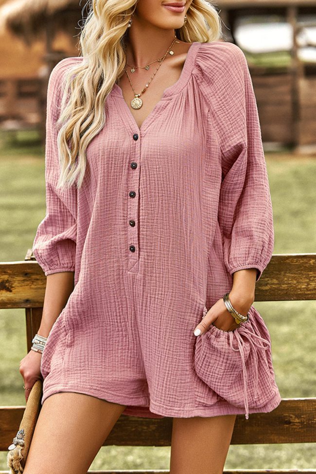 Casual Simplicity Solid Pocket Buckle O Neck Loose Jumpsuits
