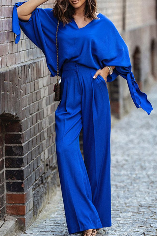 Casual Simplicity Solid With Bow V Neck Loose Jumpsuits