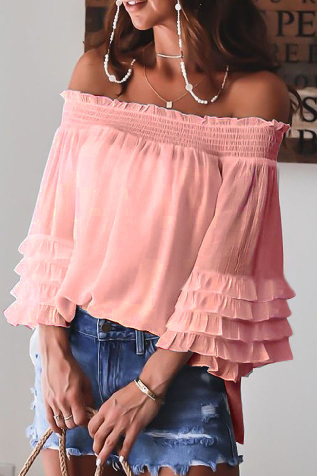 Casual Solid Flounce Off the Shoulder T-Shirts