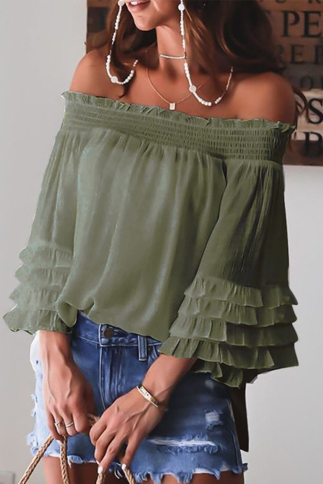 Casual Solid Flounce Off the Shoulder T-Shirts