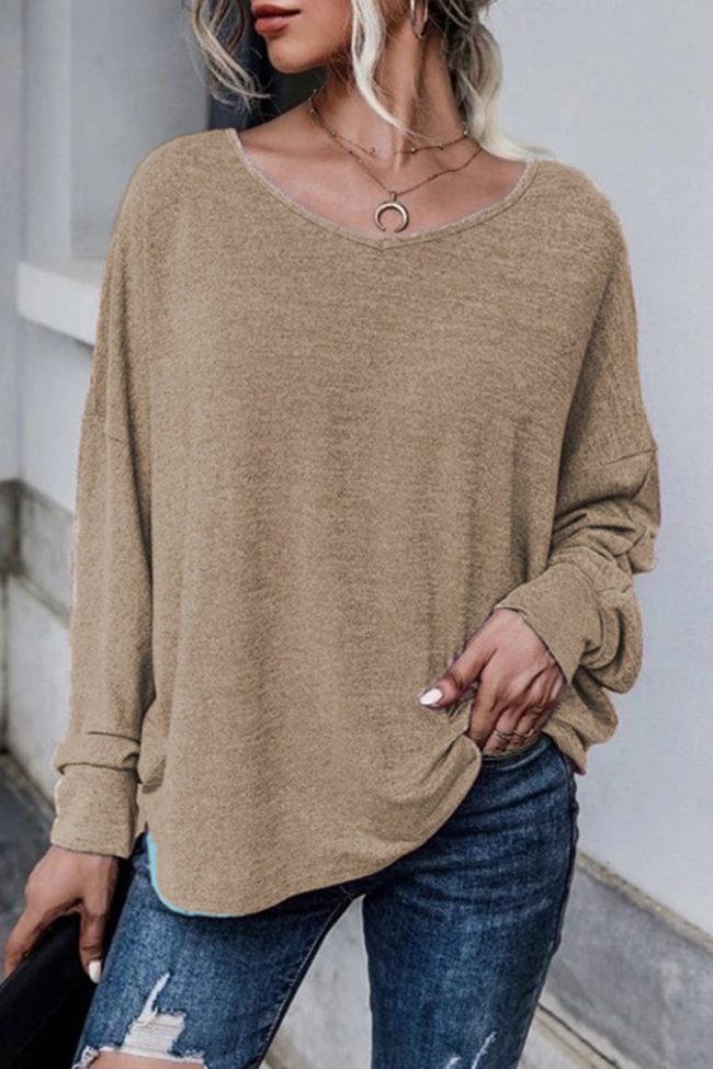 Casual Solid Frenulum Solid Color O Neck Tops(4 Colors)