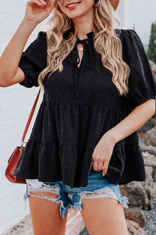 Casual Solid Lace Split Joint V Neck Tops(4 Colors)