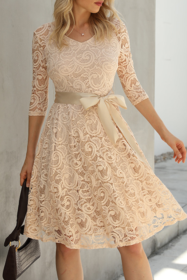 Casual Solid Lace V Neck Waist Skirt Dresses
