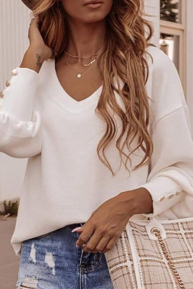 Casual Solid Patchwork Buckle V Neck Tops