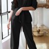 Casual Solid Draw String With Belt Turndown Collar Long Sleeve Two Pieces