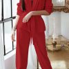 Casual Solid Draw String With Belt Turndown Collar Long Sleeve Two Pieces