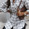 Casual Plaid Pocket Buckle With Belt Turndown Collar Tops(3 colors)